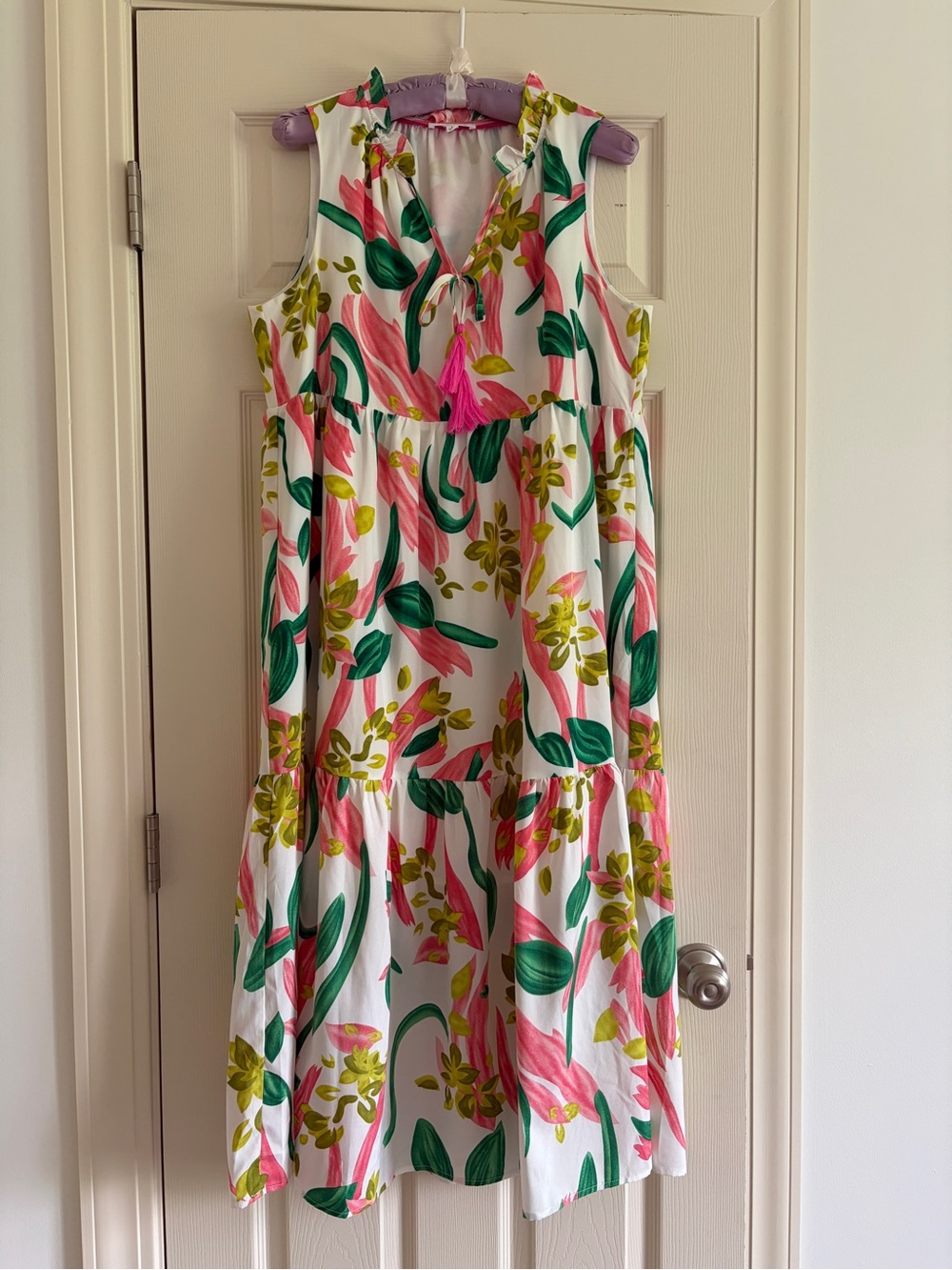 THML Tropical Floral Tiered Maxi Sundress - Pink & Green Women Size Large